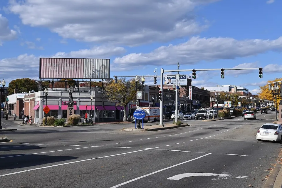 Intersection with Mattapan sign in Mattapan neighborhood of Boston, Massachusetts.